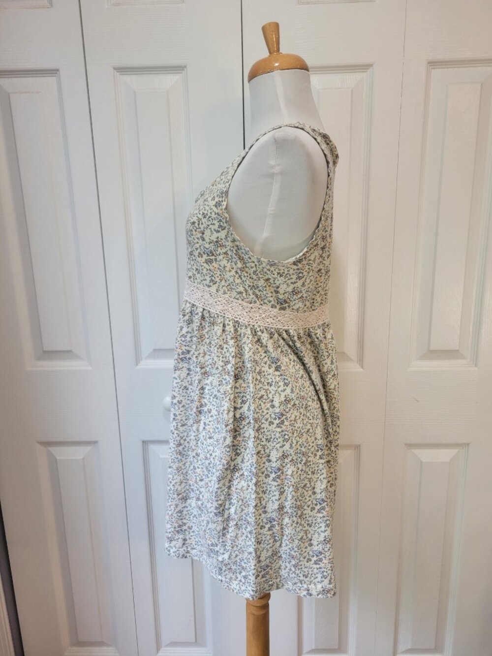 H&M Cream Pink Floral Sleeveless Crochet Lace Waist Babydoll Mini Dress sz S EUC - Picture 2 of 7